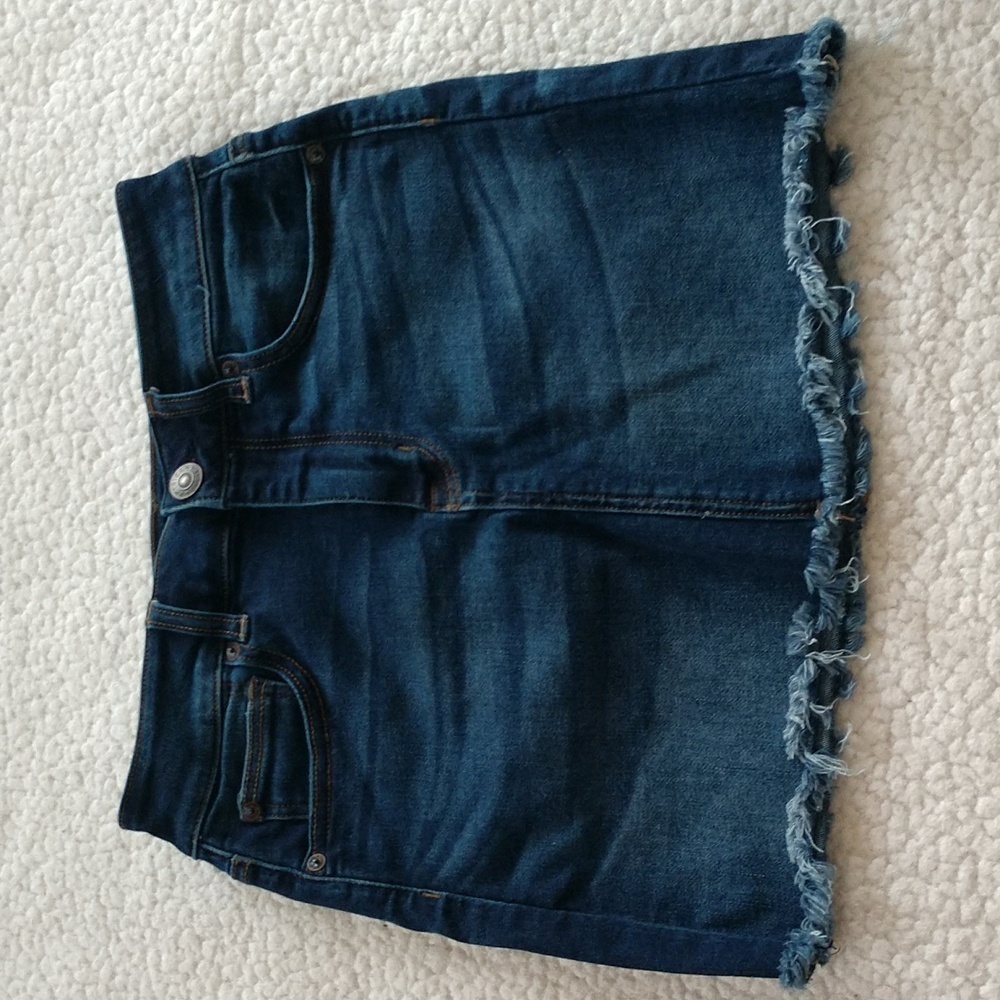 American Eagle Outfitters Dark Indigo Denim Mini Skirt with Frayed Hem